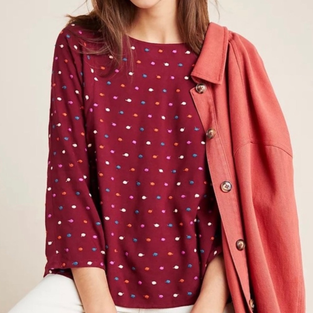 Maeve by Anthropologie Dottie Embroidered Top Red Size L NWOT